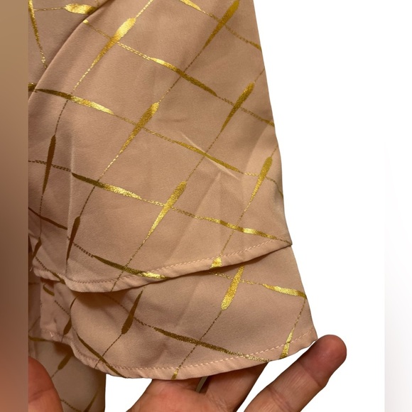 Peach and Gold Plaid Print Flare Sleeve Blouse - Picture 3 of 10